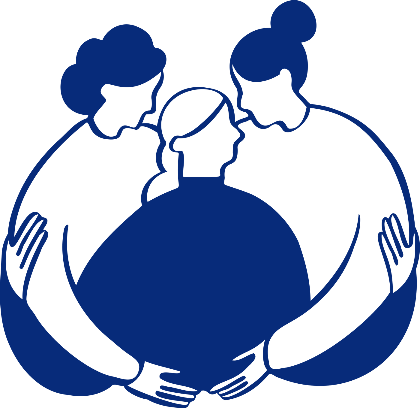 Illustration: Drei Frauen stehen im Kreis, legen die Arme umeinander und halten sich an den Händen.